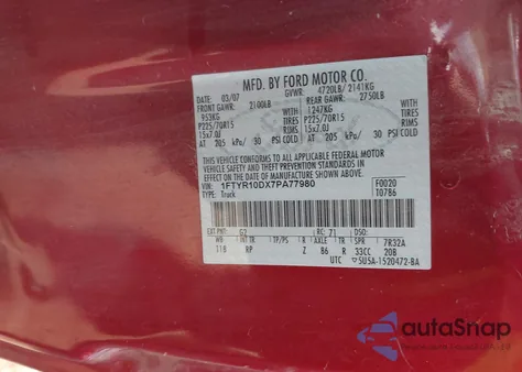 2007 Ford Ranger Stx/Xl/Xlt z USA, uszkodzony, nr VIN 1FTYR10DX7PA77980